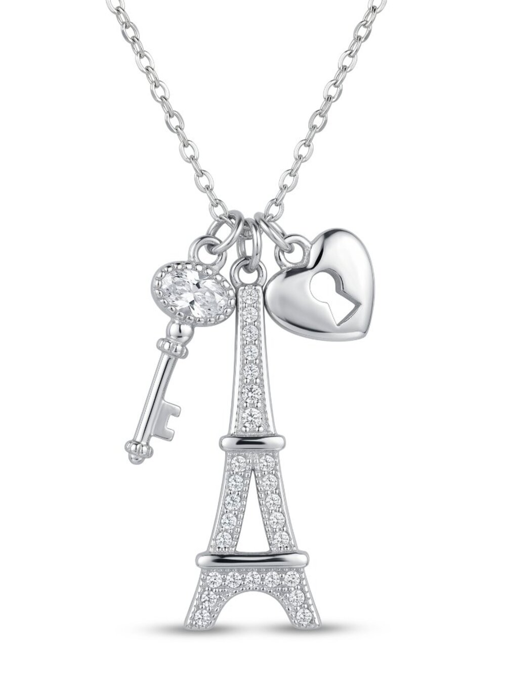 Paris Eiffel Tower Love Lock and Key Necklace, 925 Sterling Silver